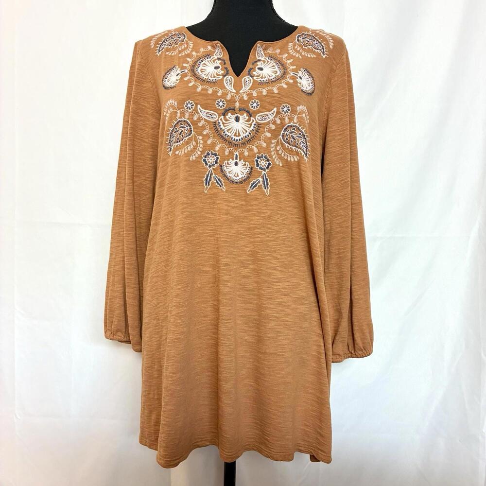 J.Jill Embroidered Boho Tunic Top Medium Tall Brown Long Sleeve Cotton Modal